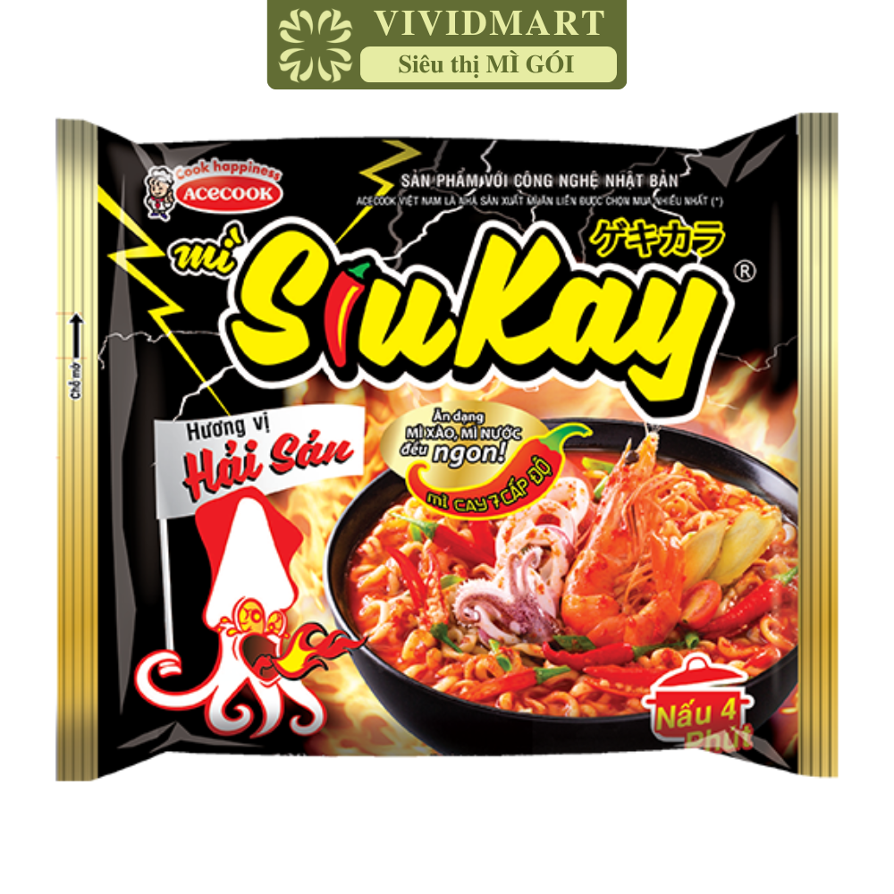 ACECOOK - Mì Siukay hương vị Hải sản, Siukay mì hải sản Siukay mì cay 7 cấp độ Siukay, Mì Siu Kay ăn liền (130g/gói)