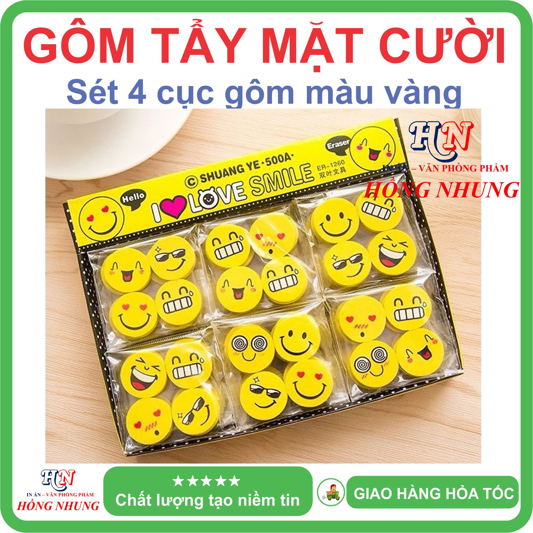 COMBO 4 Cục Gôm Tẩy Hình Mặt Cười - Màu Sắc Dễ Thương, Làm Qùa Cho Bé Yêu