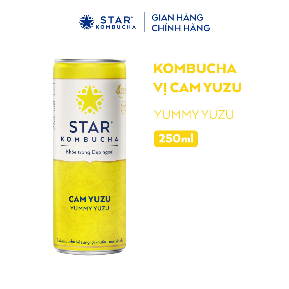Thùng 12 lon Star Kombucha vị Cam Yuzu/Yummy Yuzu (250ml/lon) - Trà lên men vi sinh chứa probiotics bảo vệ sức khoẻ
