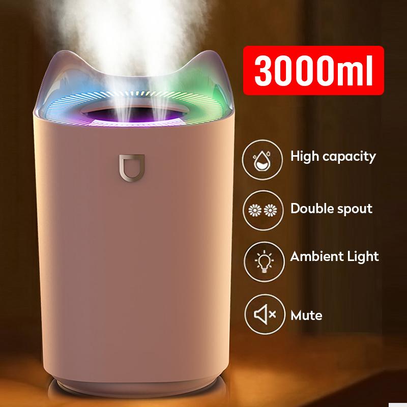 3L Máy Tạo Độ Ẩm Không Khí Tinh Dầu Hương Thơm Khuếch Tán Đôi Đầu Phun Bằng Coloful LED Siêu Âm Ẩm Khuếch Tán Hương Thơm