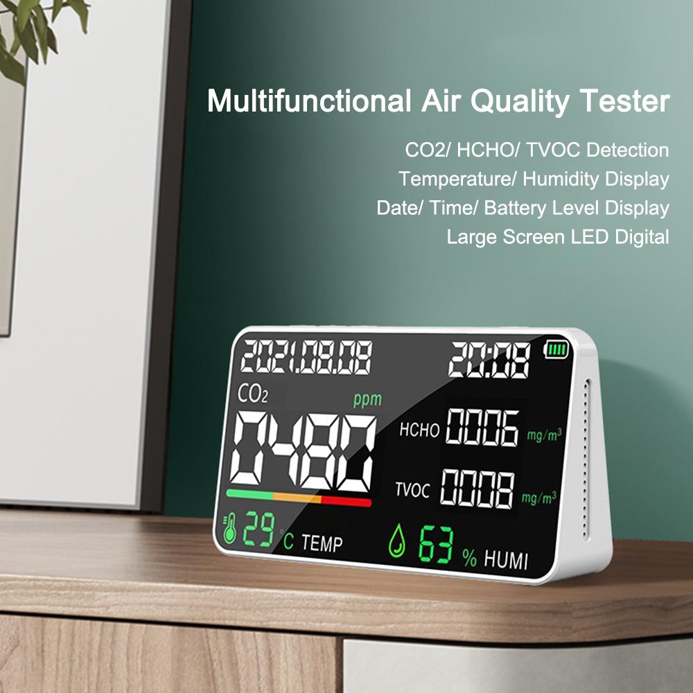 5 in 1 Air Quality Monitor LED Digital CO2 HCHO TVOC Temperature Humidity Tester USB Rechargeable Indoor Carbon Dioxide Meter for Room Office Greenhouse Warehouse