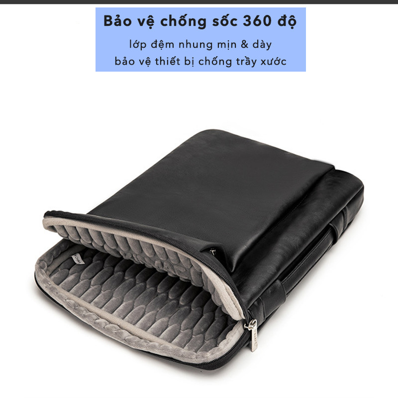 Túi xách Laptop, Macbook 13 - 15.6 inch : Chống sốc 360 độ - Mẫu da đen KM038