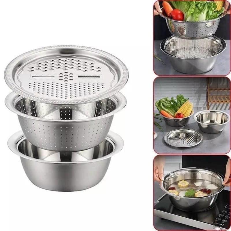 Dụng cụ nhà bếp thông minh bộ nạo rau củ quả Nhật Bản kiêm rổ và chậu inox cao cấp đa năng tiện lợi MiibooShi S2200