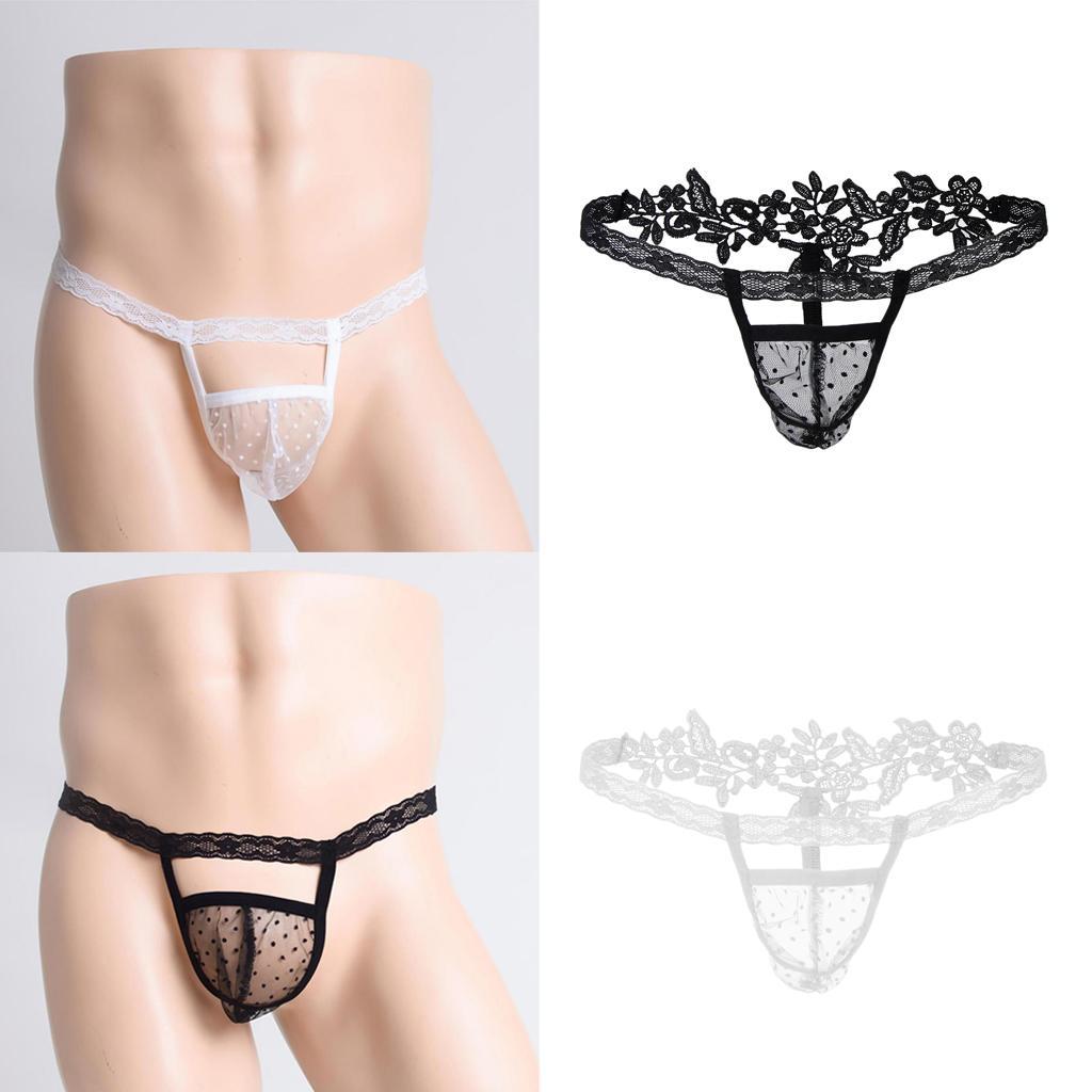 2pcs Men Underwear Thong Lace Underpants G-String Thong Briefs Bikini T-Back Mesh Triangle Low Waist Thong