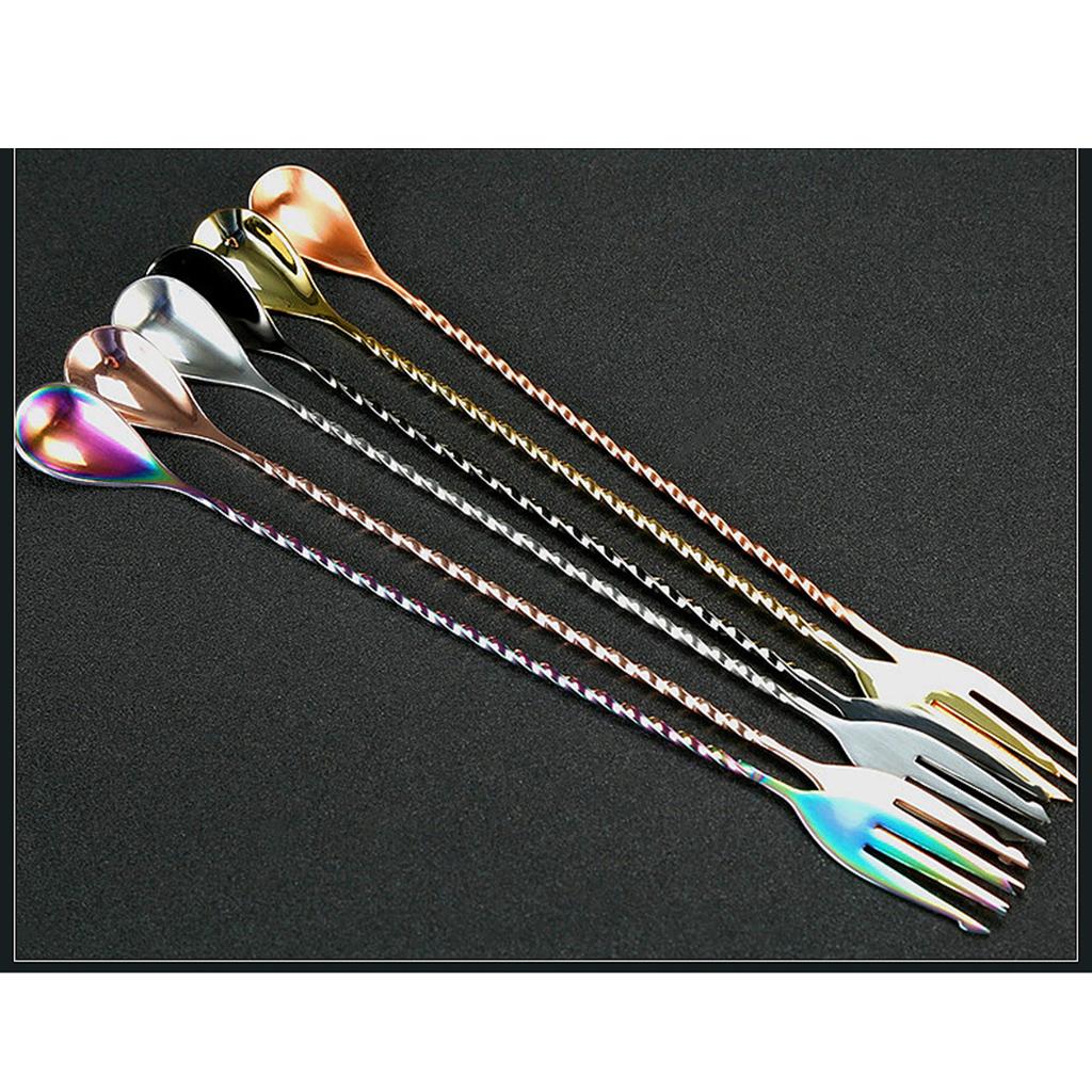 Stainless Steel Bar Cocktail Spoon Long Fine Thread Handle Mixing Spoon with Fork
