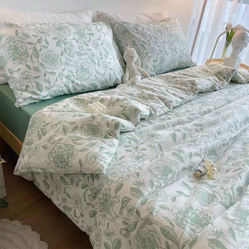 Bộ Chăn Ga Gối Cotton living 100%cotton Hàng Nhập Khẩu Cao Cấp 4 Món Hoa Hồng Vintage