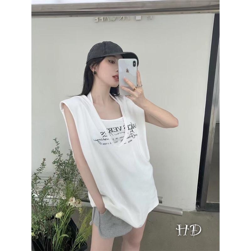 Bộ Áo Tanktop Kèm Áo Croptop In Chữ Vải Cotton