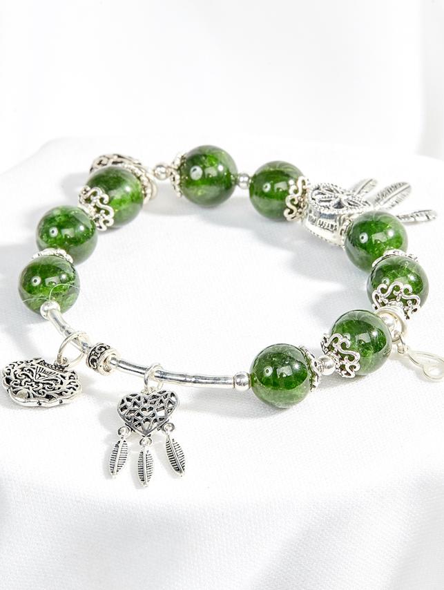 Vòng tay đá diopside phối charm trái tim bạc Ngọc Quý Gemstone