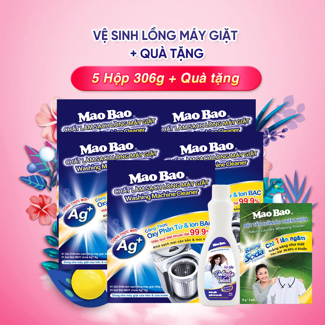 Combo 05 Hộp Chất Làm Sạch Lồng Máy Giặt Mao Bao - Tặng 1 Hộp Bột Tẩy Quần Áo 12gx2 + 1 Chai Nước Giặt Cao Cấp 86g