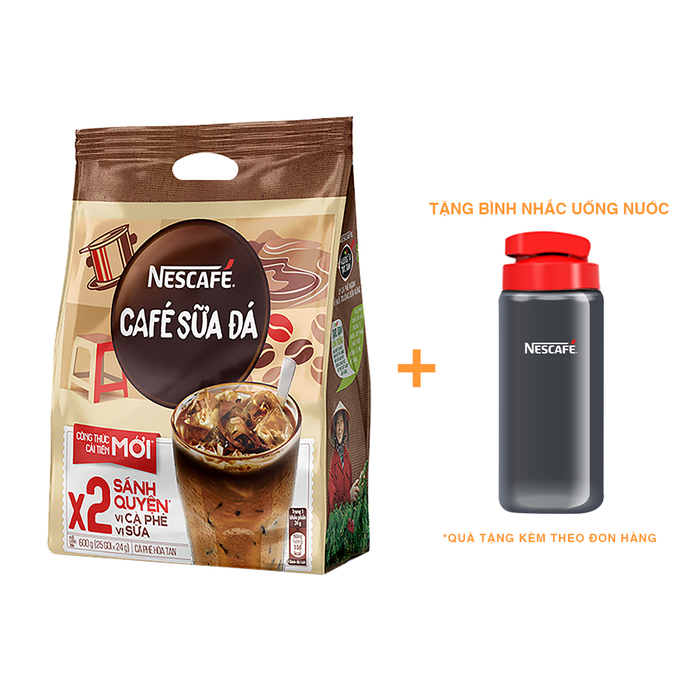 Cà phê hòa tan Nescafé cà phê sữa đá (Bịch 25 gói x 24g) - [Tặng 1 bình nước Water Reminder 700ml]