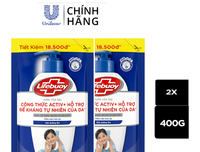 Combo 2 Nước rửa tay Lifebuoy sữa dưỡng ẩm túi 400g