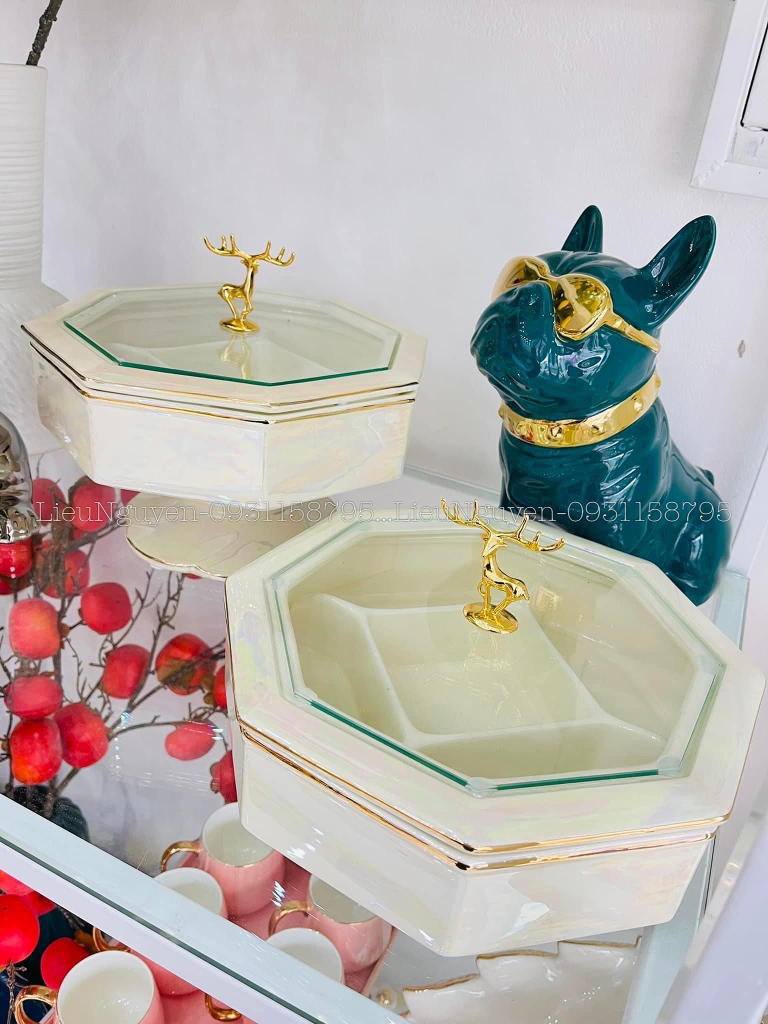 Khay mứt sứ hươu hologram cao cấp