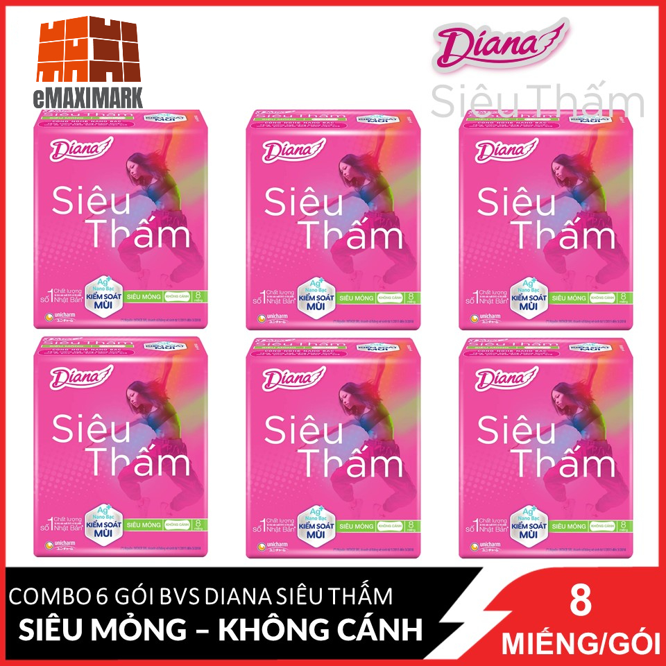 Combo 6 Băng vệ sinh Diana Siêu thấm siêu mỏng không cánh 8 miếng/gói