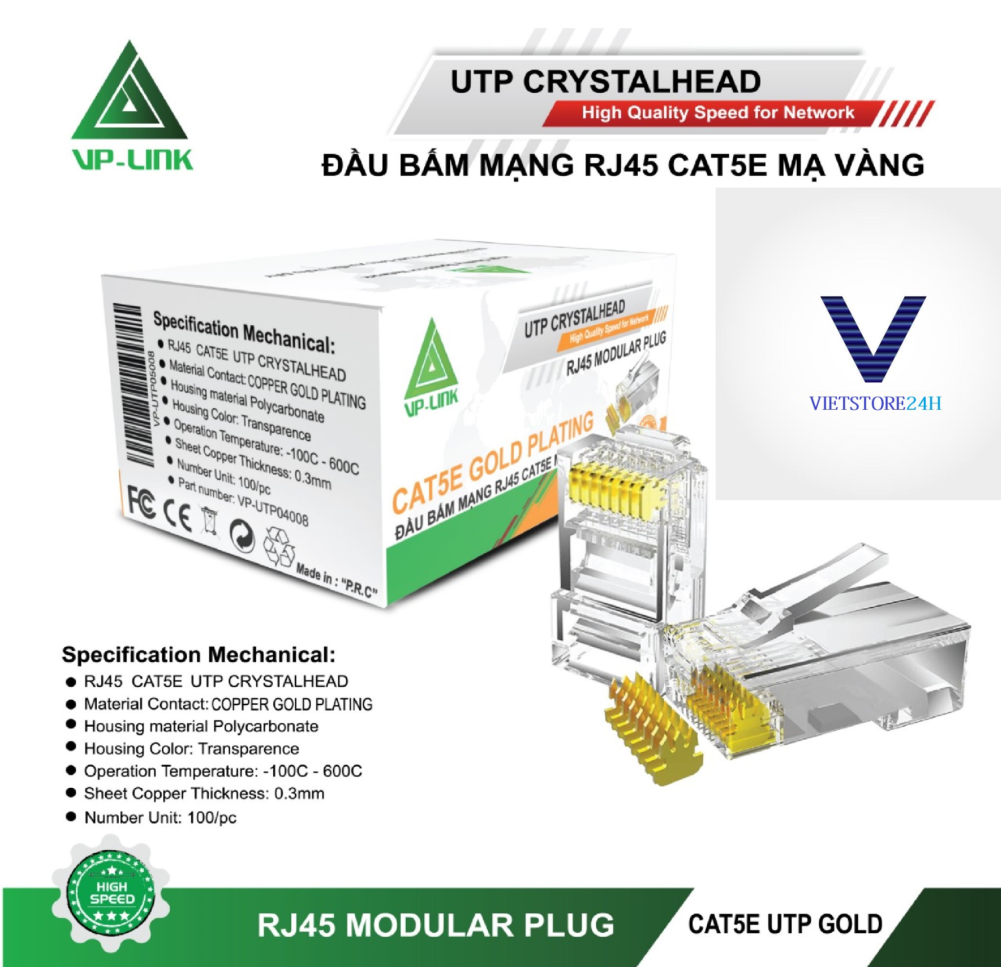 Đầu Mạng VP-Link CAT5E Gold RJ45 (100pcs) - Hàng nhập khẩu