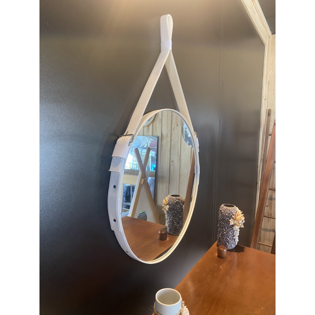 Gương dây da viền da trắng kích thước d40cm