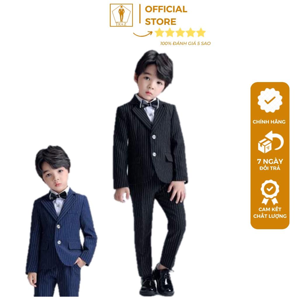 Set bộ vest TRAZ công tử màu đen xanh sọc vest đầy tháng thôi nôi bé trai