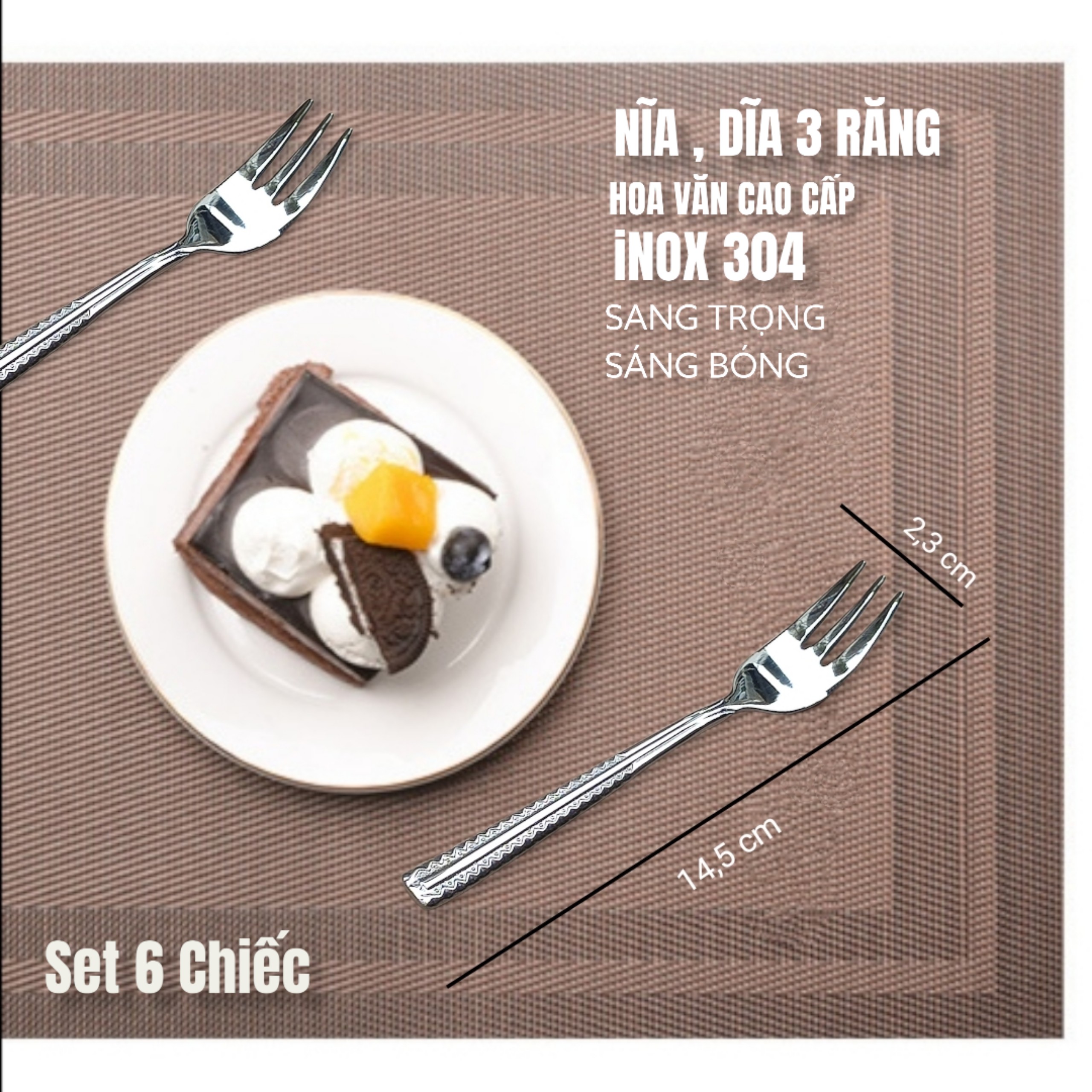 COMBO SÉT 6 NĨA / DĨA 3 RĂNG HOA VĂN CAO CẤP DÀI 14,5 CM HÀNG INOX SÁNG BÓNG XỊN SÒ