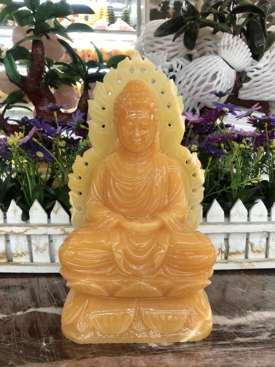 Tượng Phật Thích Ca Mâu Ni ngồi đài sen có hào quang đá ngọc hoàng long - Cao 25 cm