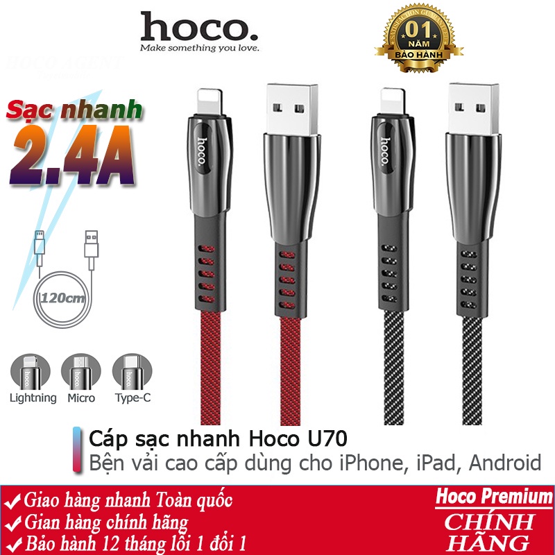 Cáp Sạc Nhanh Dành Cho Hoco U70 Dòng 2.4A Dây Dài 1.2m, Lõi Đồng Cao Cấp, Chống Rối, Chất Liệu Bền Bỉ, Chắc Chắn, Chịu Nhiệt Tốt - Hàng Chính Hãng