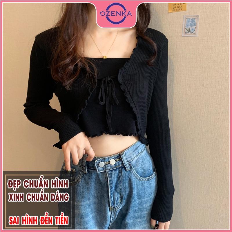 Áo cardigan croptop tay dài nữ OZENKA , áo khoác crt ôm body len gân 100% cotton thân 2 lớp màu đen trắng bánh bèo