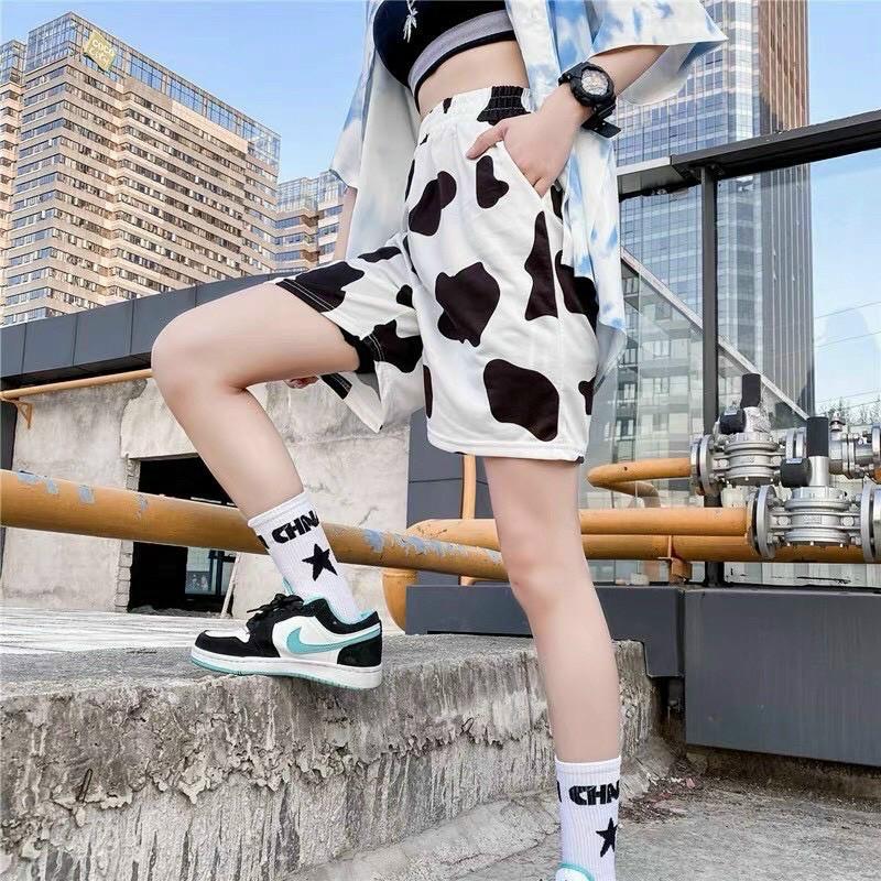 Set Bộ Thun In Hình Bò Sữa Tay Lỡ Kèm Quần Short Unisex Siêu Hot Hit