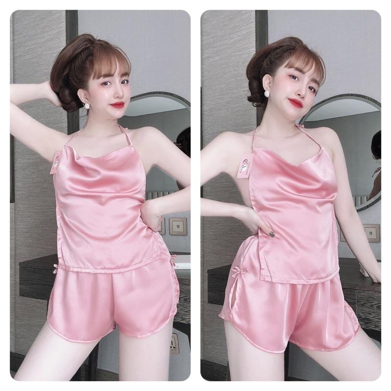 Đồ Ngủ Lụa 2 Dây Sexy Nữ, Bộ Ngủ Nữ lụa satin yếm cổ đổ, Freesize 40_58kg, tuỳ chiều cao