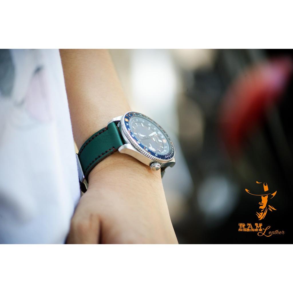 DÂY ĐỒNG HỒ RAM GREEN - DA BÒ XANH LỤC MAY THỦ CÔNG