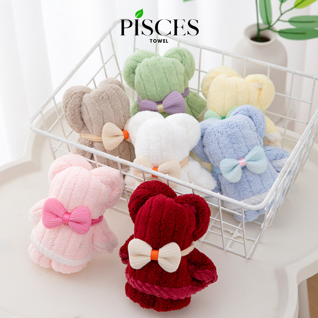 Khăn Mặt Hình Gấu Nơ Làm Quà Tặng PISCES TOWEL 25x50cm Cotton Mềm Mại, Khăn Làm Quà Tặng Bạn Gái