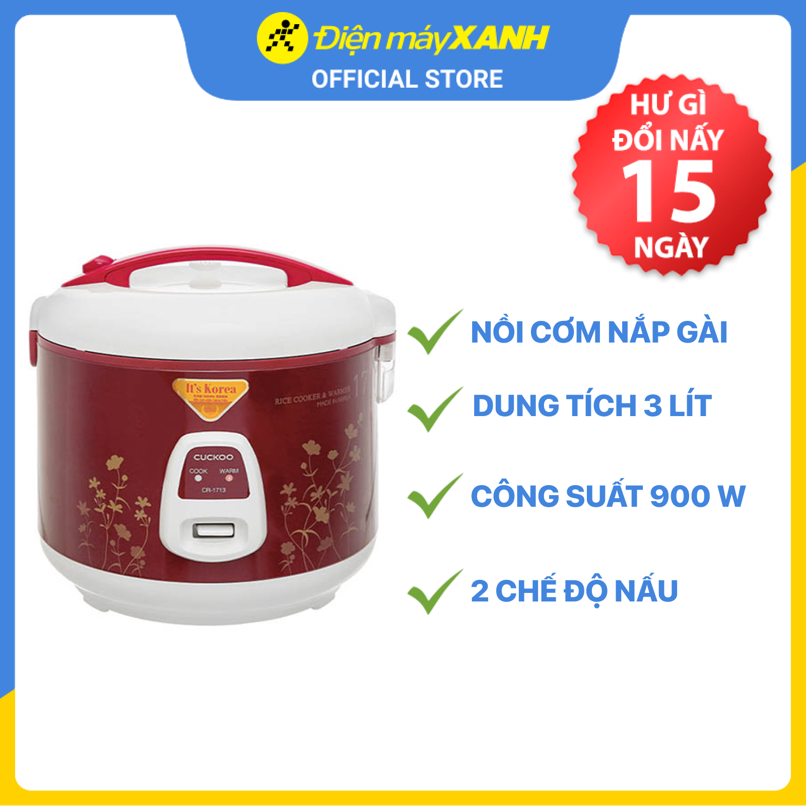 Nồi cơm nắp gài Cuckoo CR- 1713 3 lít - Hàng chính hãng