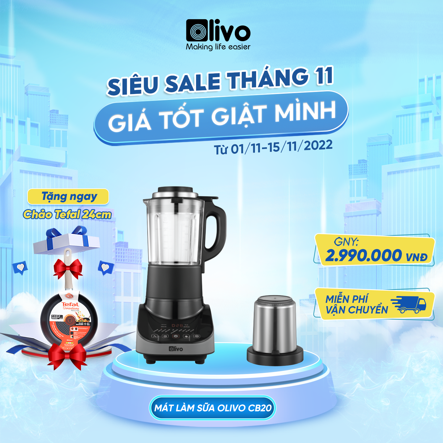 Máy Làm Sữa Hạt OLIVO CB20 - Máy Xay Nấu Đa Năng Độ Ồn Thấp - Chống Trào Tuyệt Đối - Vệ Sinh Khử Khuẩn - Chống Dính Gốm - Hàng Chính Hãng