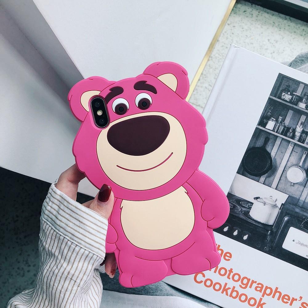 Ốp điện thoại bảo vệ hình chú gấu màu dâu tây 3D dễ thương dành cho iPhone 6 6s 7 8 Plus X Xs Max Xr 11 Pro Max