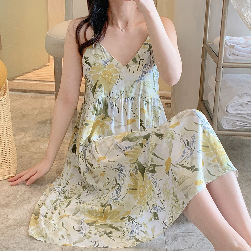 Váy 2 dây cho nữ mặc nhà vải lanh mềm mát, dáng xòe, nhiều họa tiết, freesize từ 45 đến 75 kg