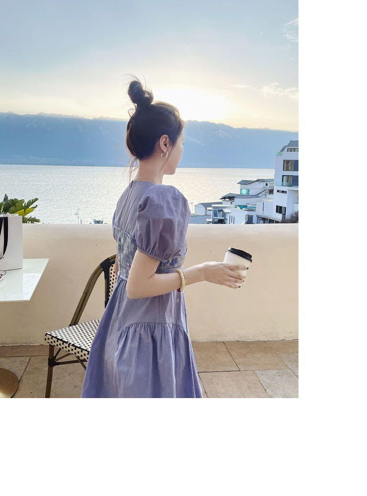 SHUANGYAN Thời trang nối giả hai bong bóng tay áo khí chất ngắn tay áo đầm phụ nữ 2022 mùa hè thiết kế cảm giác váy dài trung bình