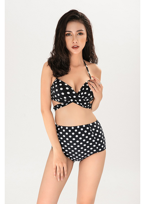Bikini cạp cao chấm bi đen trắng 18008