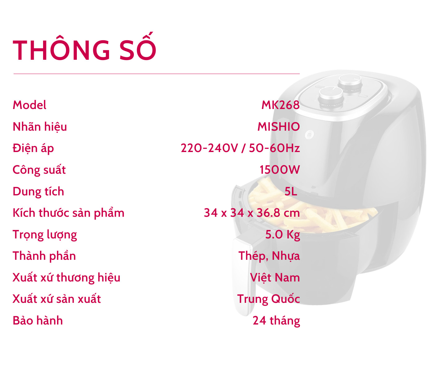 Nồi Chiên Không Dầu 5.0L Mishio MK268 - hàng chính hãng