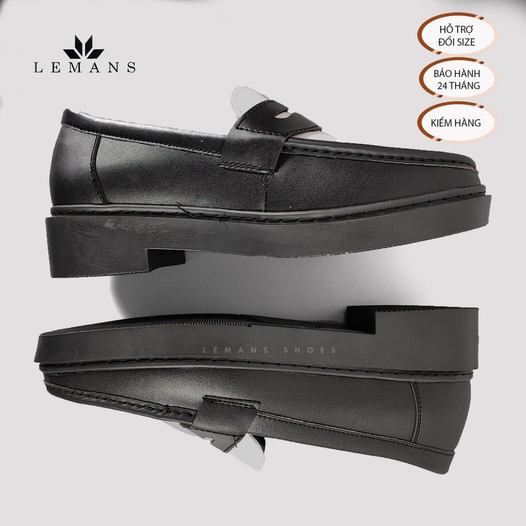 Giày da bò Penny Loafer Black White LEMANS, da bò thuộc nguyên tấm, tăng chiều cao 4cm, bảo hành 24 tháng