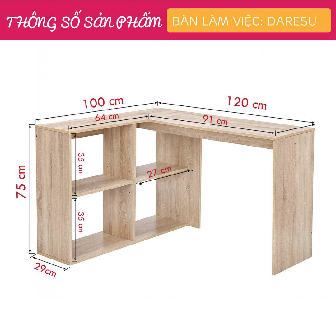 Bàn làm việc, bàn học gỗ hiện đại SMLIFE Daresu  | Gỗ MDF dày 17mm chống ẩm | D120xR100xC75cm