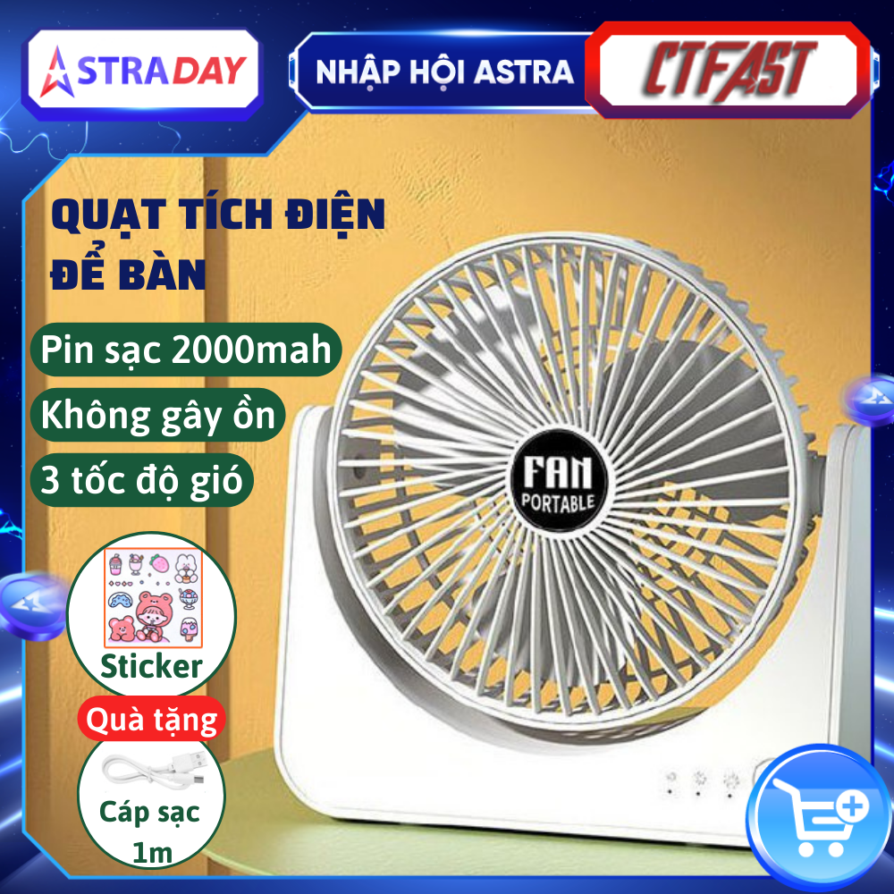 Quạt tích điện để bàn CTFAST F101, quạt mini văn phòng không gây ồn, 3 tốc độ gió, điều chỉnh 270 độ, tặng kèm sticker trang trí, sạc USB - Hàng chính hãng