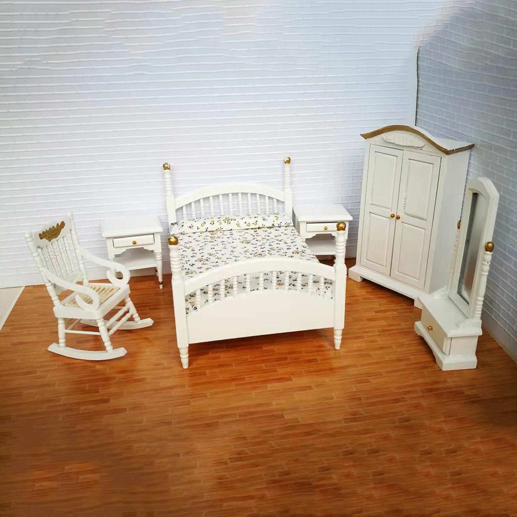 1/12 Dollhouse Miniature Furniture Bedroom Set Bed Wardrobe Cabinet Chair