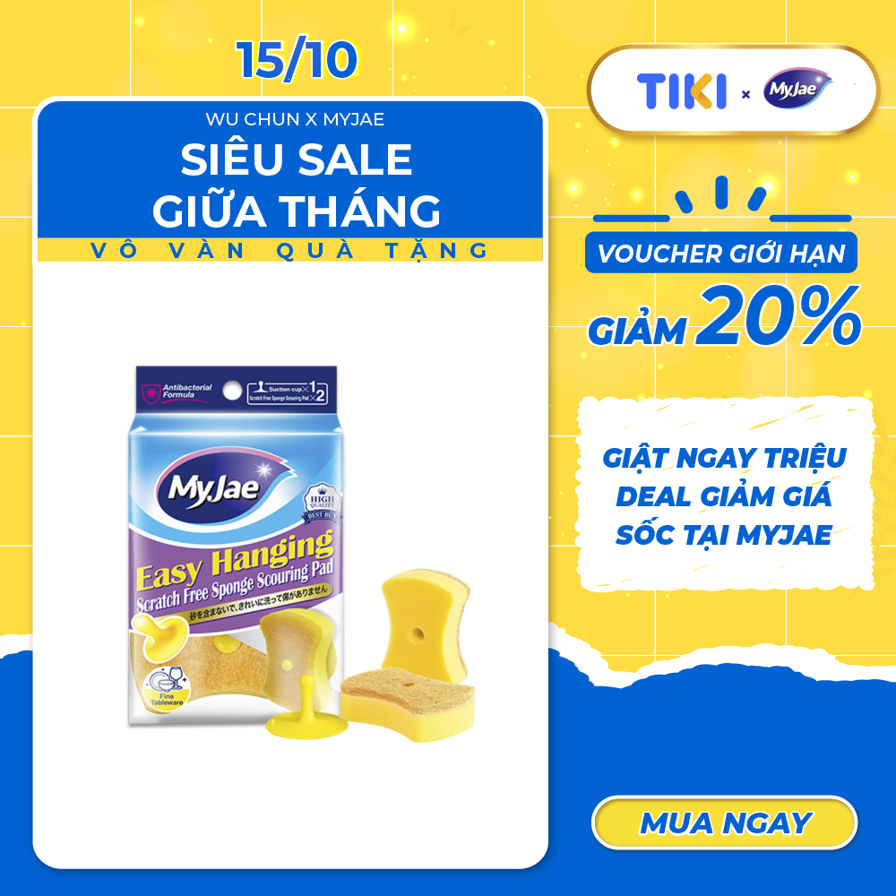 Miếng Bọt Biển Rửa Chén MyJae 2 Mặt, Mút Xốp Rửa Bát Đa Năng Kèm Miếng Nhựa Hít Kê  11.3cm x 7.8cm x 3cm  (2 Miếng/Gói)