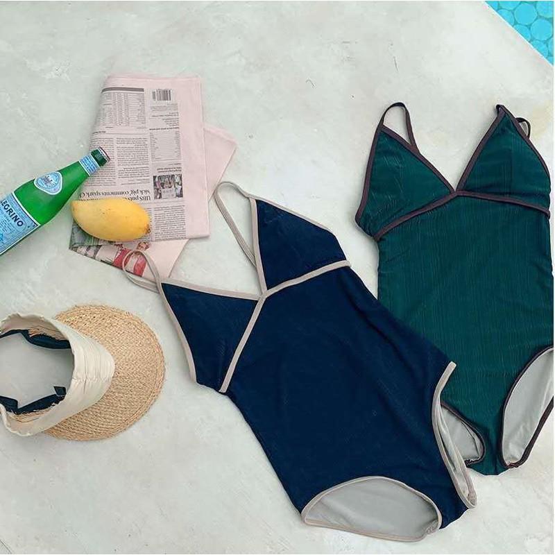 Monokini bikini liền mảnh cúp ngực viền dây màu xanh than/ xanh lá