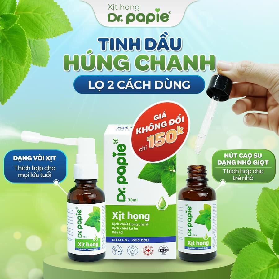 Xịt họng Dr.Papie 30ml hỗ trợ trong viêm đường hô hấp có kèm theo ho, giúp long đờm, dịu cơn ho, đau rát họng, đau rát amidan.