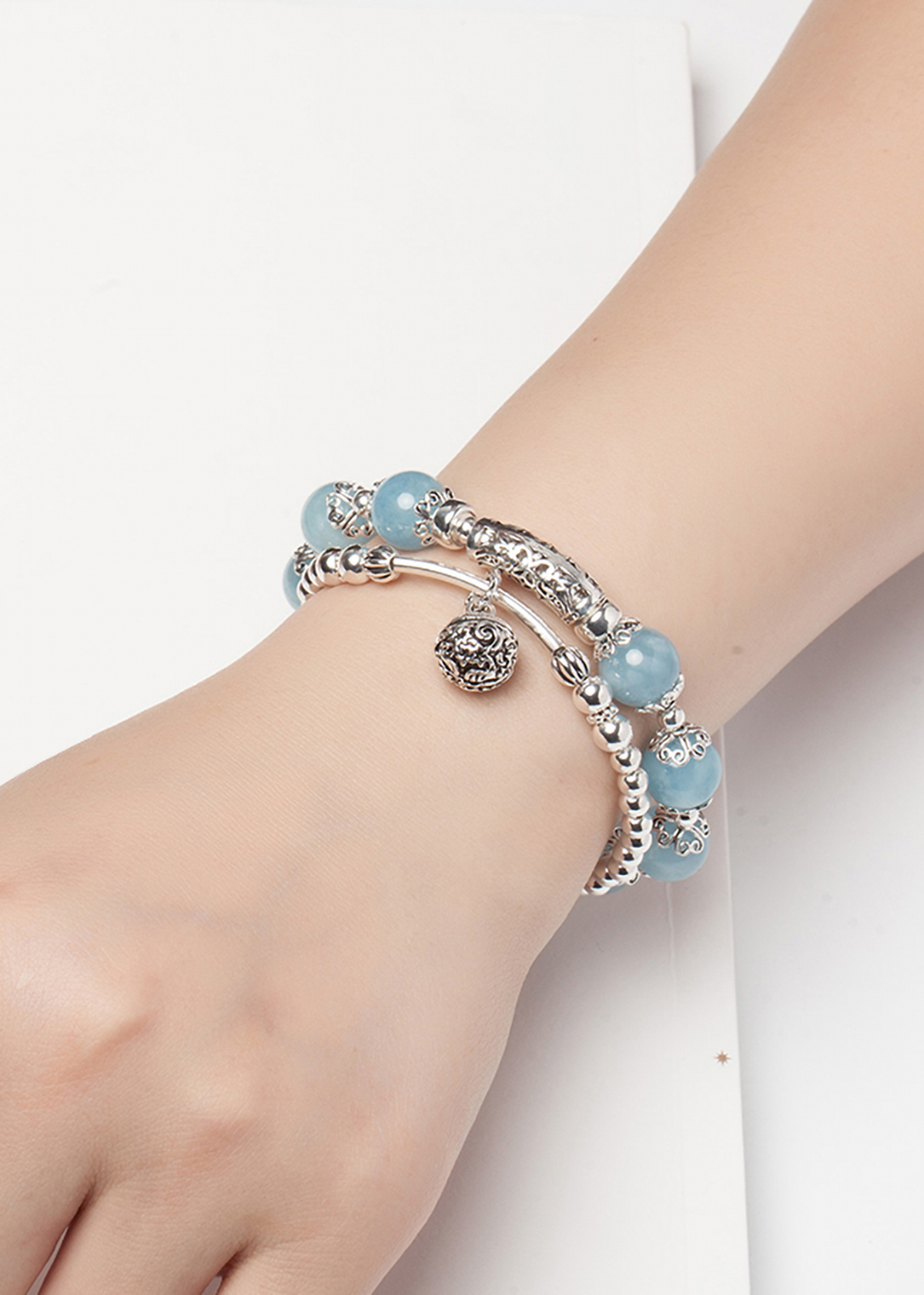 Vòng 2 line đá Aquamarine phối charm bạc size hạt 10mm mệnh thủy, mộc - Ngọc Quý Gemstones