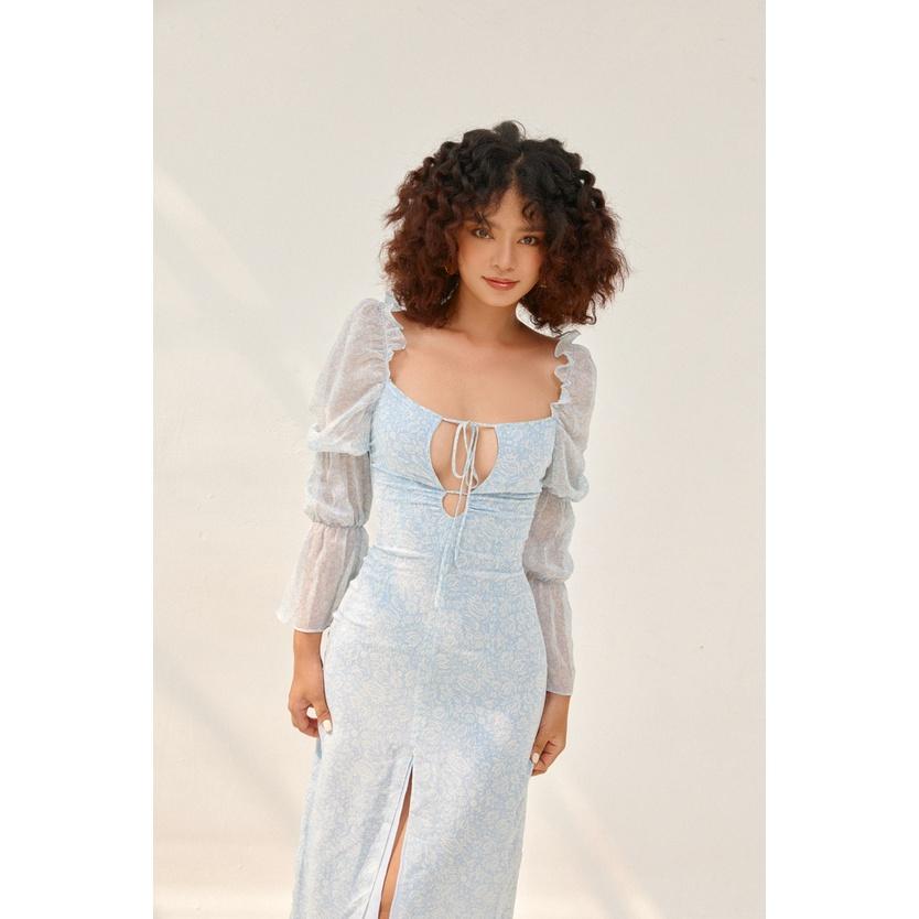 Nene Clothing - Đầm hoa midi xanh tay bồng xẻ tà