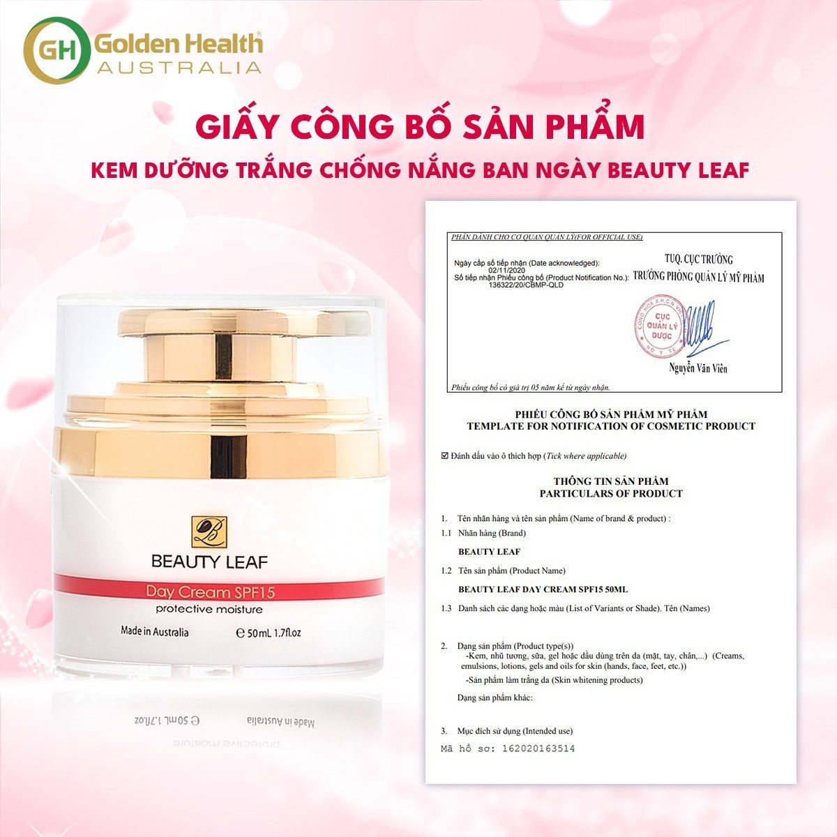 [GOLDEN HEALTH] Kem Dưỡng Trắng Da Ban Ngày, Chống Nắng, Mờ Thâm, Nám, Tàn Nhang Nuôi Dưỡng Làn Da Trắng Sáng Hồng Hào Từ Sâu Bên Trong Beauty Leaf SPF15 50ml