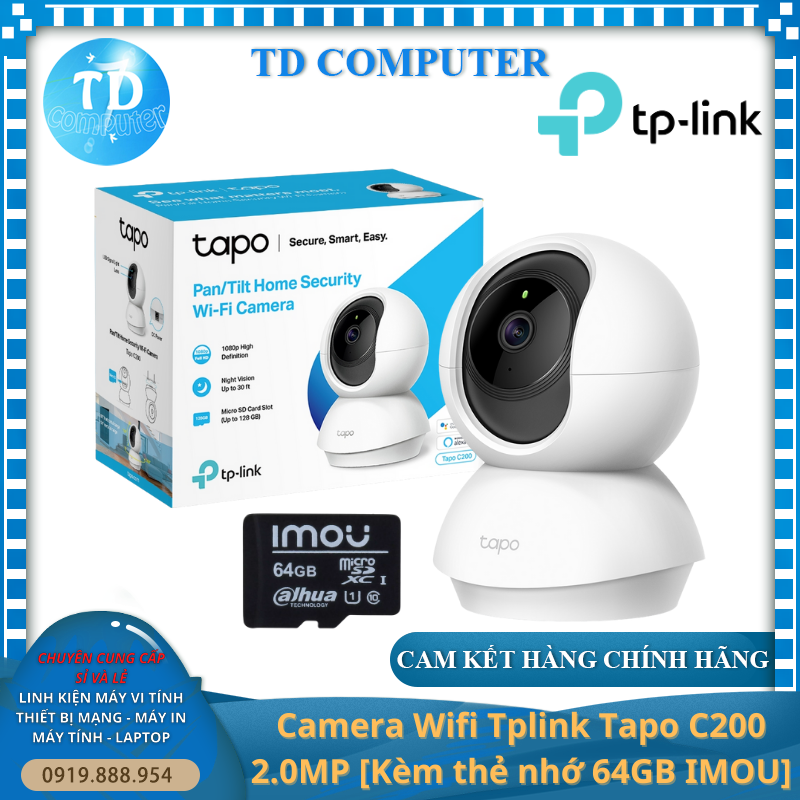 Camera Wifi TP-Link Tapo C200 2.0MP [Kèm thẻ nhớ 64GB] ~ Chuẩn 1080P Đèn hồng ngoại Âm thanh 2 chiều - Hàng chính hãng FPT phân phối