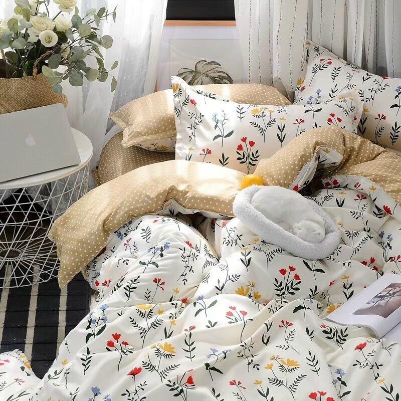 Bộ Chăn Ga Gối Cotton Poly Hoa Nhí Ga Nâu
