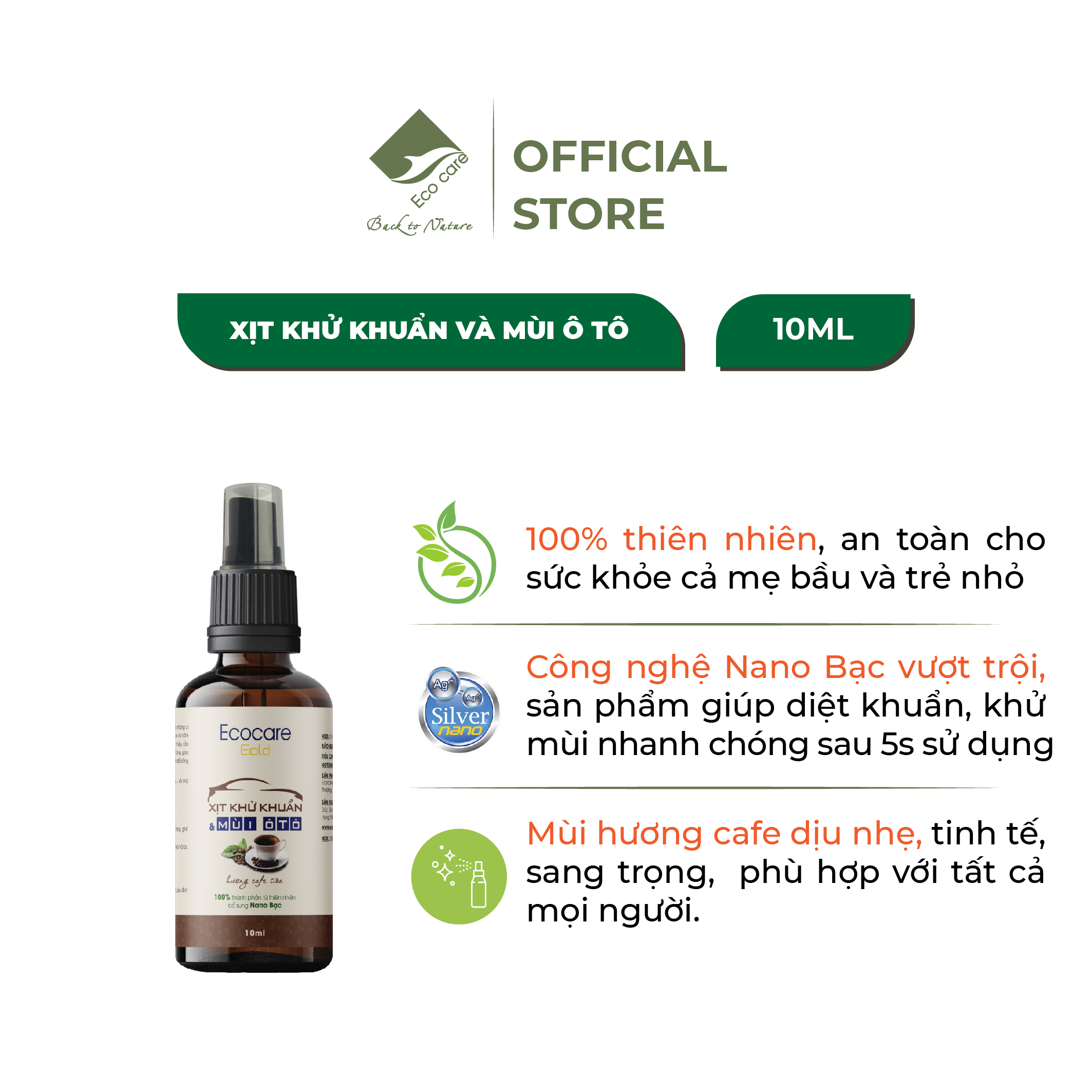 Xịt Khử Mùi Và Khử Khuẩn Ô Tô Ecocare 50ml Công Nghệ Nano Bạc Vượt Trội Xóa Bỏ Nỗi Lo Say Xe