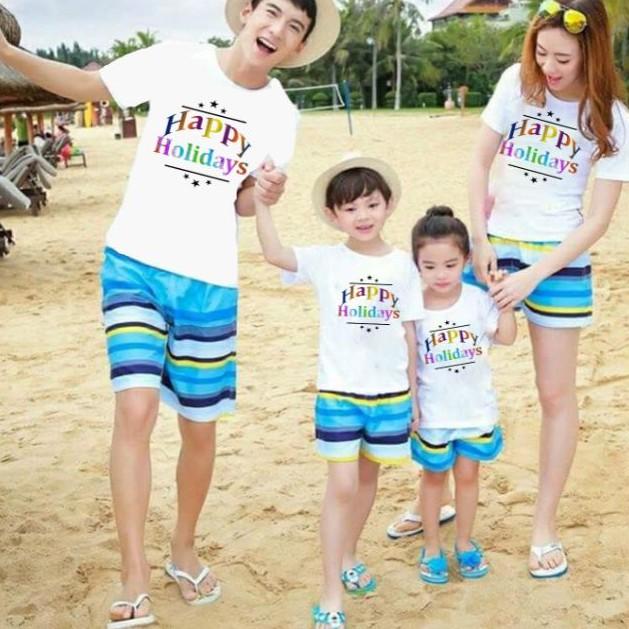 Đồ đi biển dành cho gia đình quần sọc xanh áo in họa tiết Happy Holiday xinh xắn chất thun đẹp