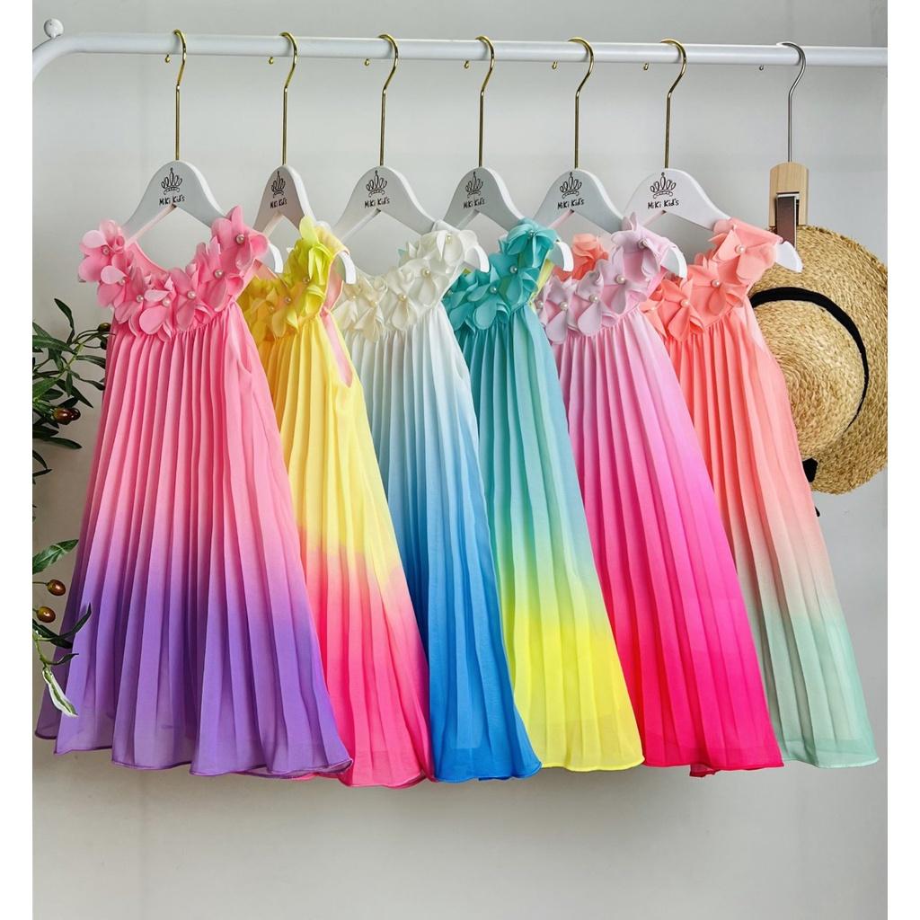 Đầm voan cho bé gái màu sắc cầu vồng mẫu mới nhất size 12-35kg hàng thiết kế cao cấp